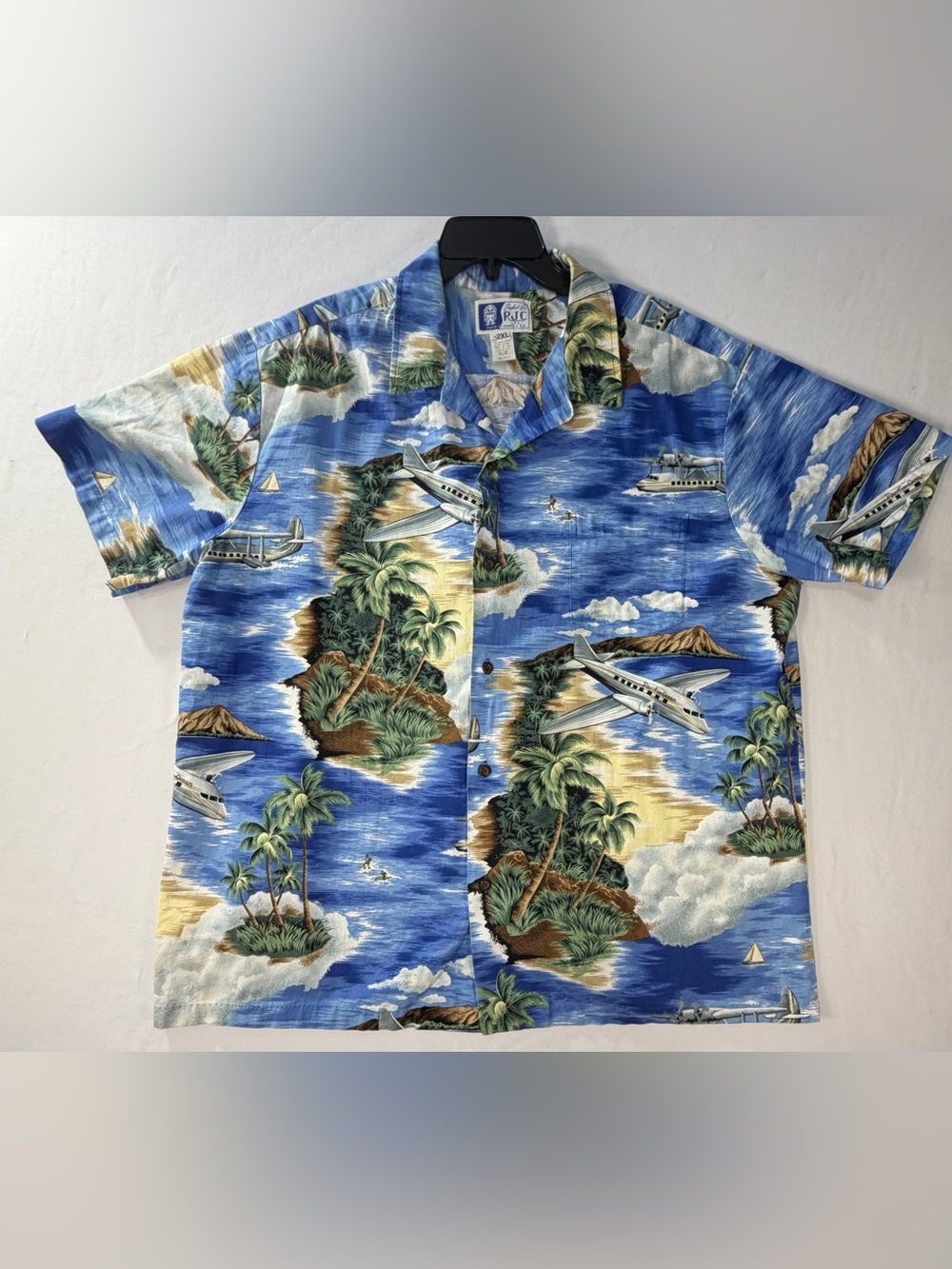 Hawaiian Airplane Blue Tropical Print Shirt Vintage Styled By RJC Size 2XL